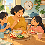 A mother and two children seated at a kitchen table eating apple slices, hummus and pitta after school