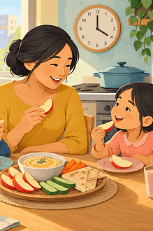 A mother and two children seated at a kitchen table eating apple slices, hummus and pitta after school