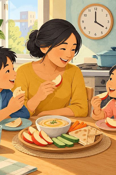 A mother and two children seated at a kitchen table eating apple slices, hummus and pitta after school