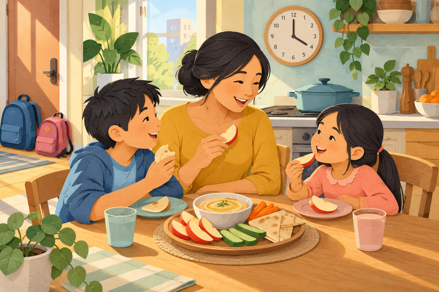 A mother and two children seated at a kitchen table eating apple slices, hummus and pitta after school