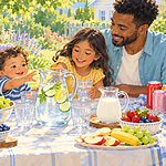 A family at a garden picnic reaching for a clear jug of water with fruit and plain milk nearby