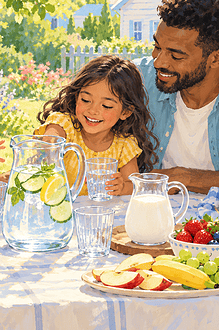 A family at a garden picnic reaching for a clear jug of water with fruit and plain milk nearby