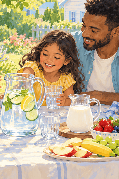 A family at a garden picnic reaching for a clear jug of water with fruit and plain milk nearby
