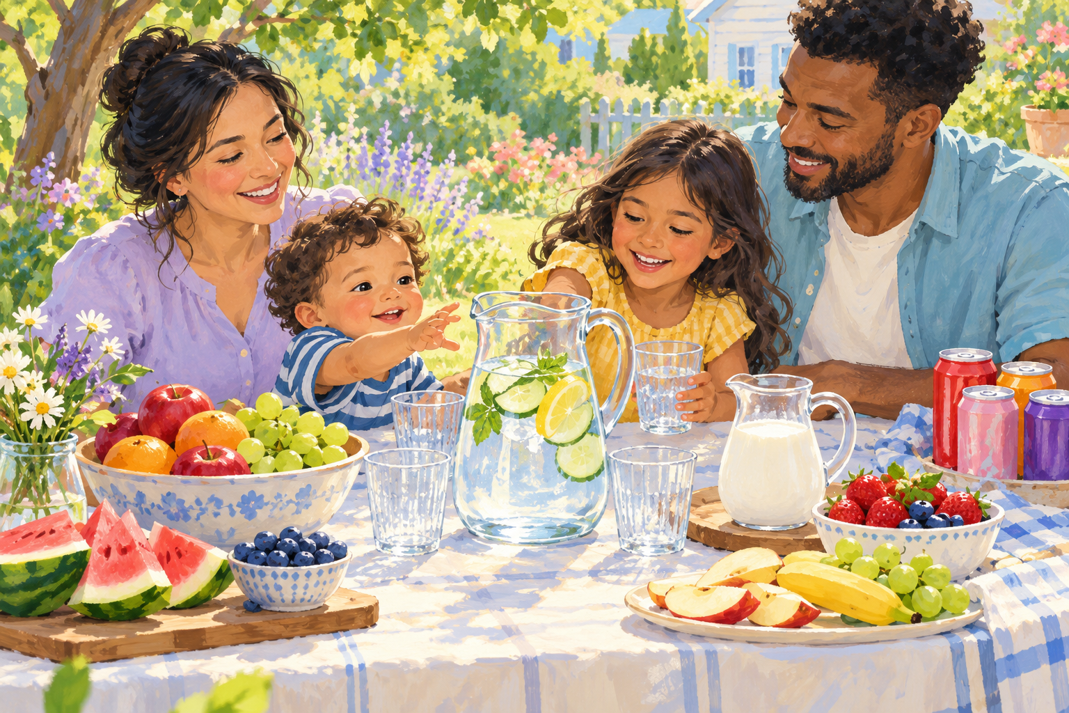 A family at a garden picnic reaching for a clear jug of water with fruit and plain milk nearby