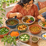 A caregiver and school-age child assembling bowls with lentils, tofu, chickpeas, egg and yogurt