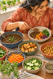 A caregiver and school-age child assembling bowls with lentils, tofu, chickpeas, egg and yogurt