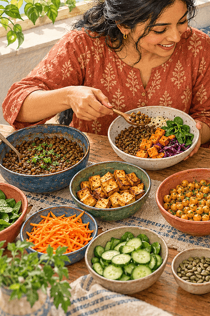 A caregiver and school-age child assembling bowls with lentils, tofu, chickpeas, egg and yogurt