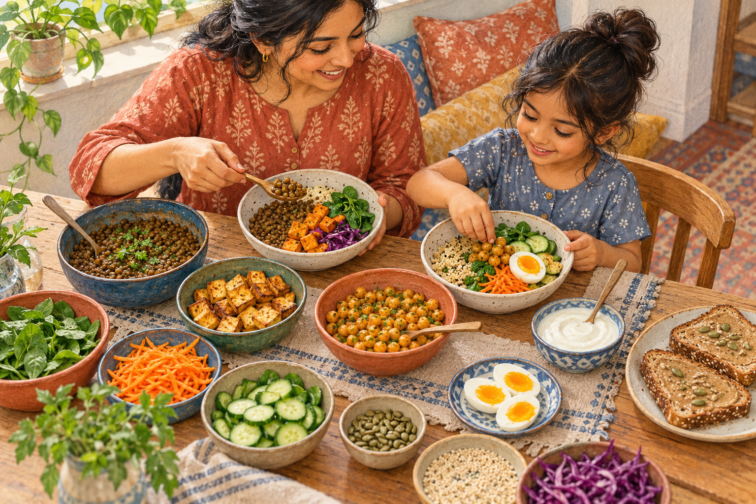 A caregiver and school-age child assembling bowls with lentils, tofu, chickpeas, egg and yogurt