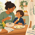 A caregiver offering water, pear and oatmeal, beside a discreet child-friendly toilet routine with a footstool