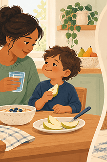 A caregiver offering water, pear and oatmeal, beside a discreet child-friendly toilet routine with a footstool