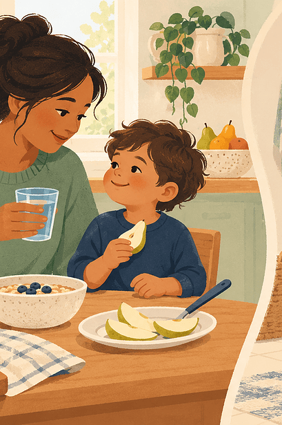 A caregiver offering water, pear and oatmeal, beside a discreet child-friendly toilet routine with a footstool