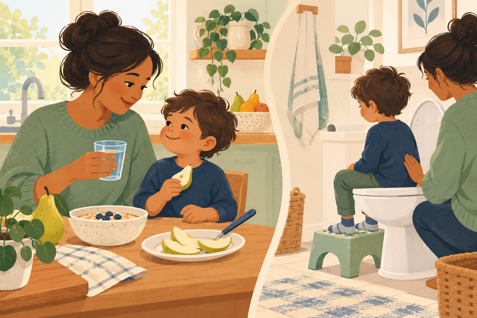 A caregiver offering water, pear and oatmeal, beside a discreet child-friendly toilet routine with a footstool