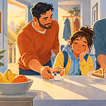 Two fathers offering a sleepy preteen a small yogurt cup and half sandwich beside a school bag