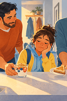 Two fathers offering a sleepy preteen a small yogurt cup and half sandwich beside a school bag
