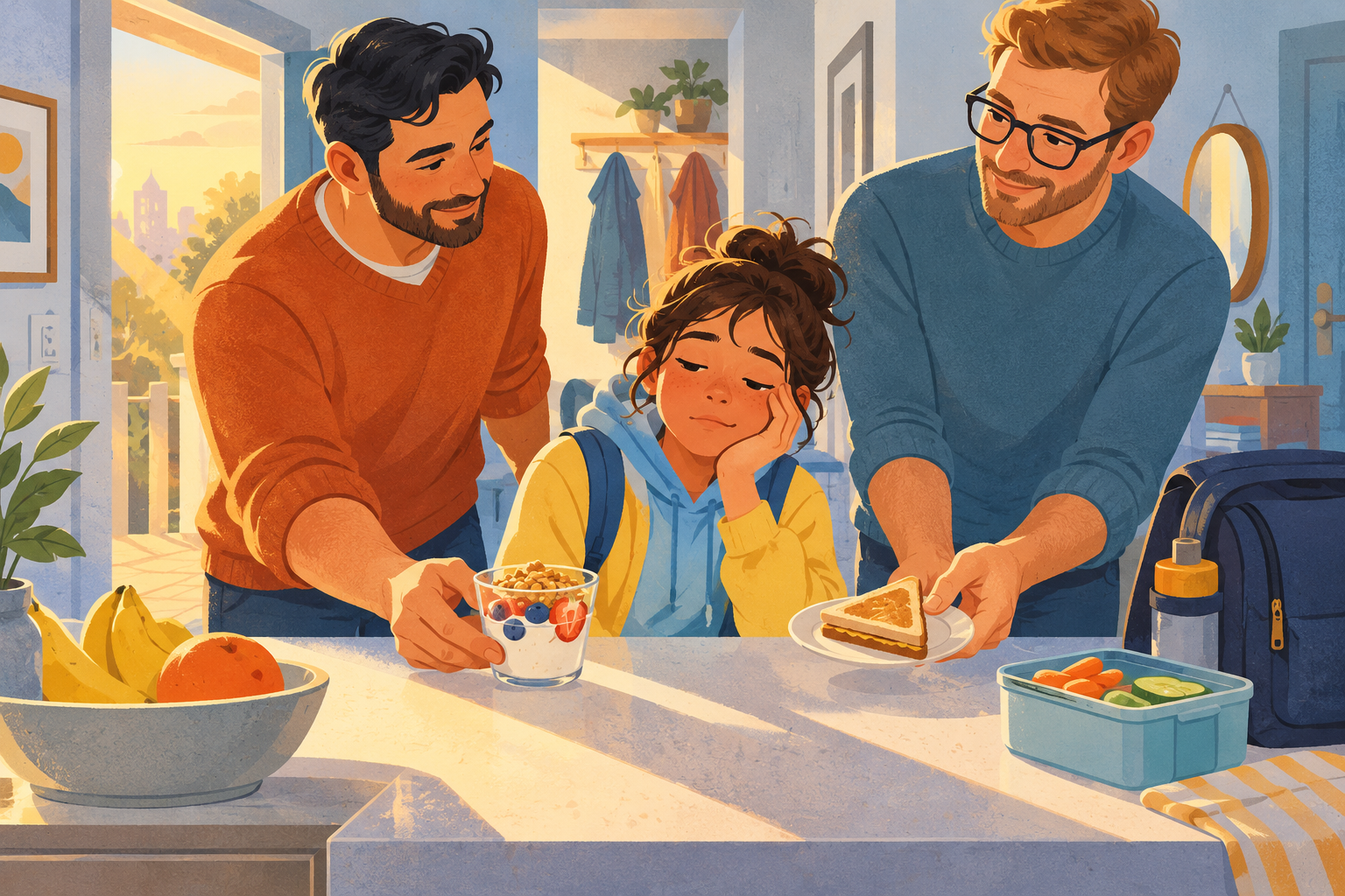 Two fathers offering a sleepy preteen a small yogurt cup and half sandwich beside a school bag