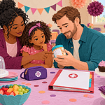 A mother, child and party host checking an ingredient label beside a separate covered cupcake and medicine pouch