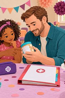 A mother, child and party host checking an ingredient label beside a separate covered cupcake and medicine pouch