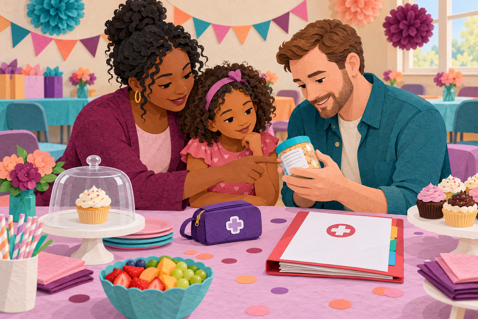 A mother, child and party host checking an ingredient label beside a separate covered cupcake and medicine pouch