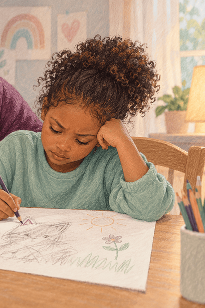 A parent listening calmly as a school-age child talks about a difficult moment