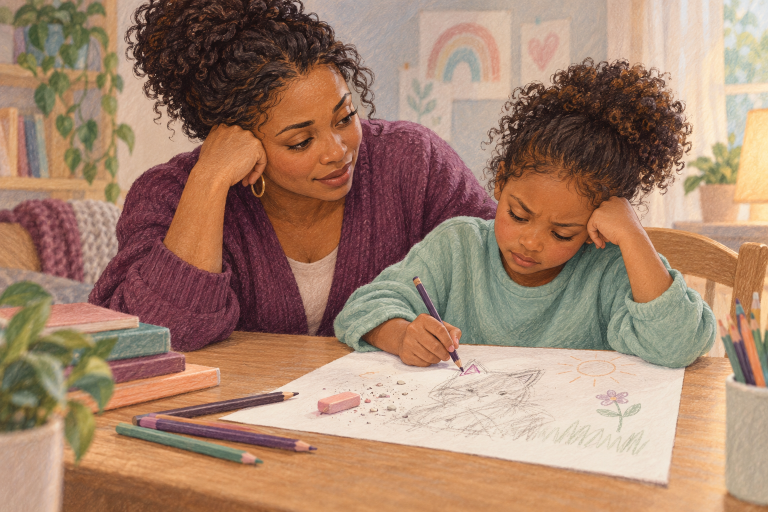 A parent listening calmly as a school-age child talks about a difficult moment