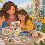 A family remembering a beloved pet together with a photo and flowers