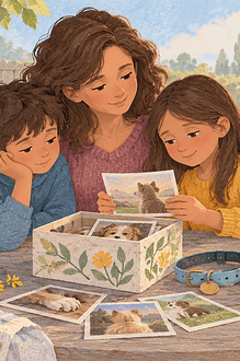 A family remembering a beloved pet together with a photo and flowers
