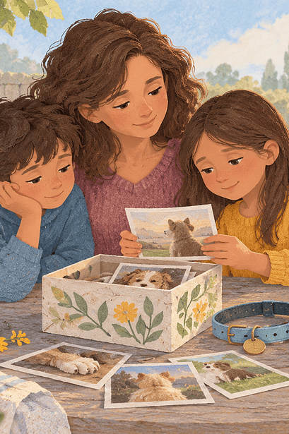 A family remembering a beloved pet together with a photo and flowers