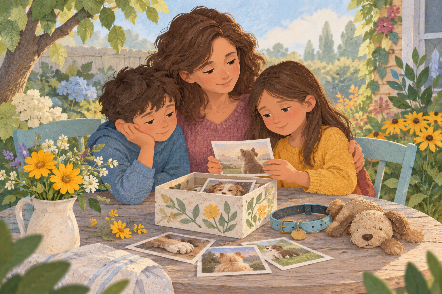 A family remembering a beloved pet together with a photo and flowers