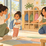 A caregiver giving a calm goodbye to a young child at a welcoming childcare entrance