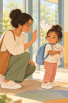 A caregiver giving a calm goodbye to a young child at a welcoming childcare entrance
