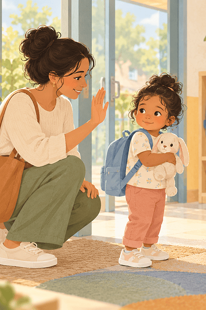 A caregiver giving a calm goodbye to a young child at a welcoming childcare entrance
