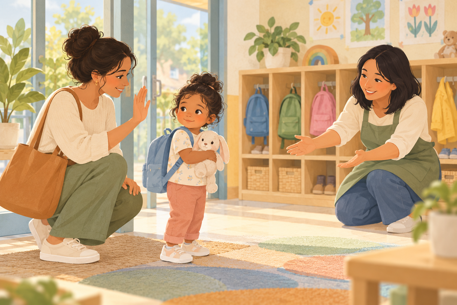 A caregiver giving a calm goodbye to a young child at a welcoming childcare entrance