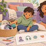A parent and child choosing calming tools together at a kitchen table