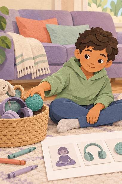 A parent and child choosing calming tools together at a kitchen table