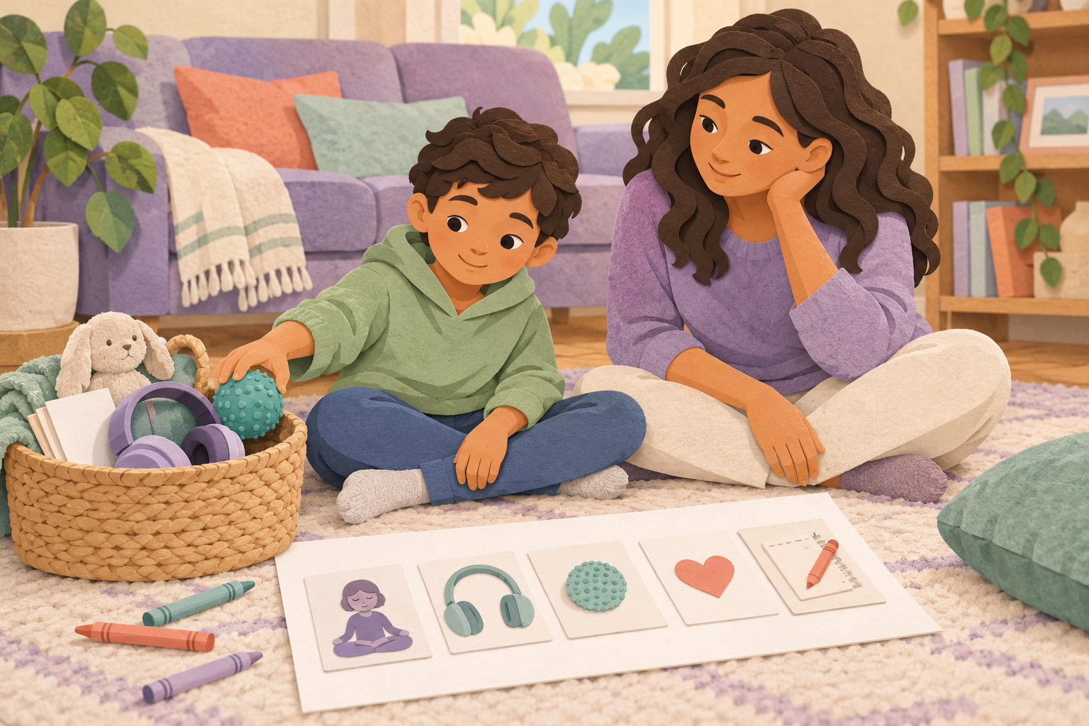 A parent and child choosing calming tools together at a kitchen table