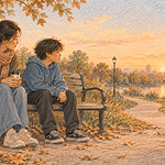 A caregiver and child sitting side by side quietly with warm drinks