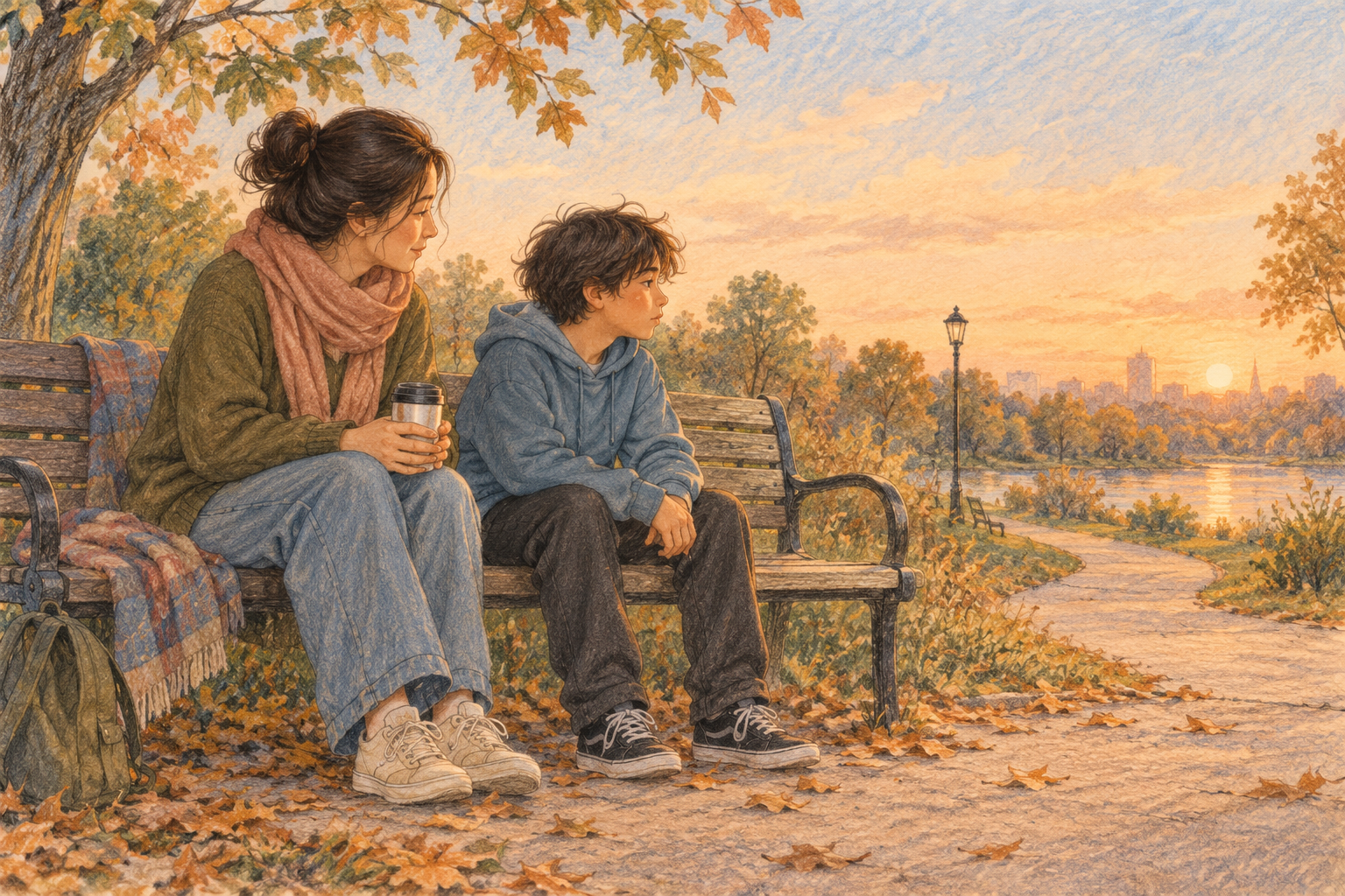 A caregiver and child sitting side by side quietly with warm drinks