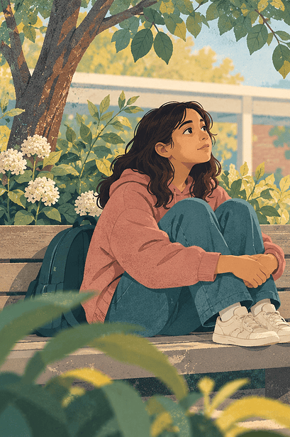 A calm caregiver supporting a distressed teenager with feet grounded on the floor