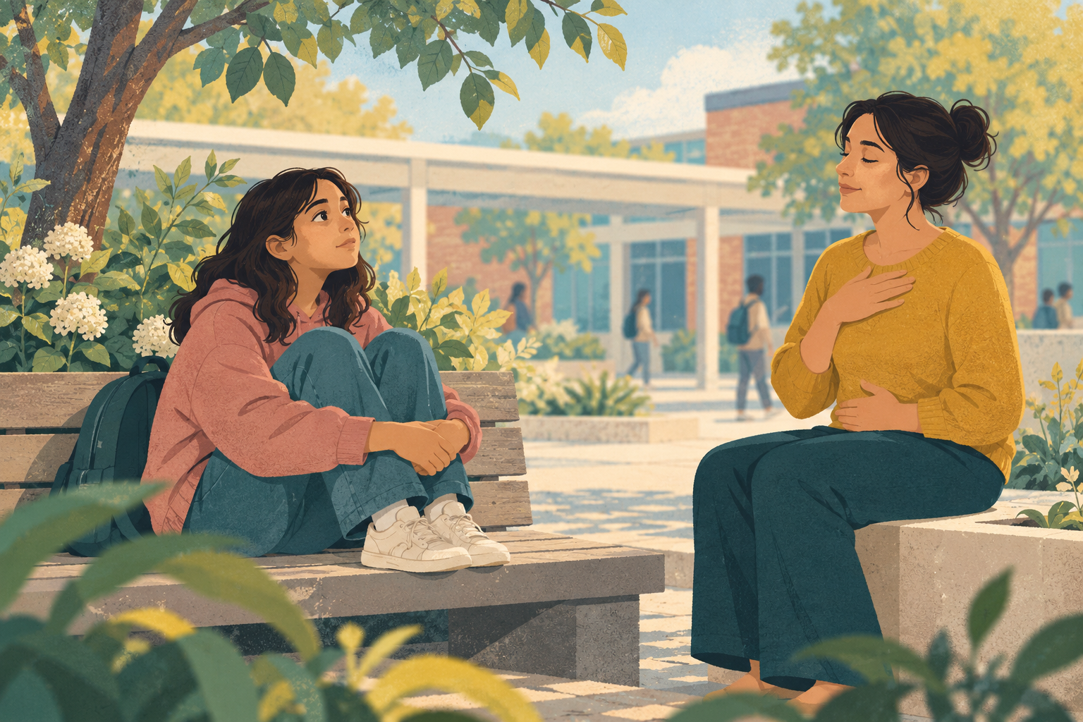 A calm caregiver supporting a distressed teenager with feet grounded on the floor