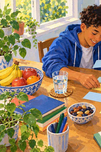 A teenager and caregiver making a manageable revision plan at a desk