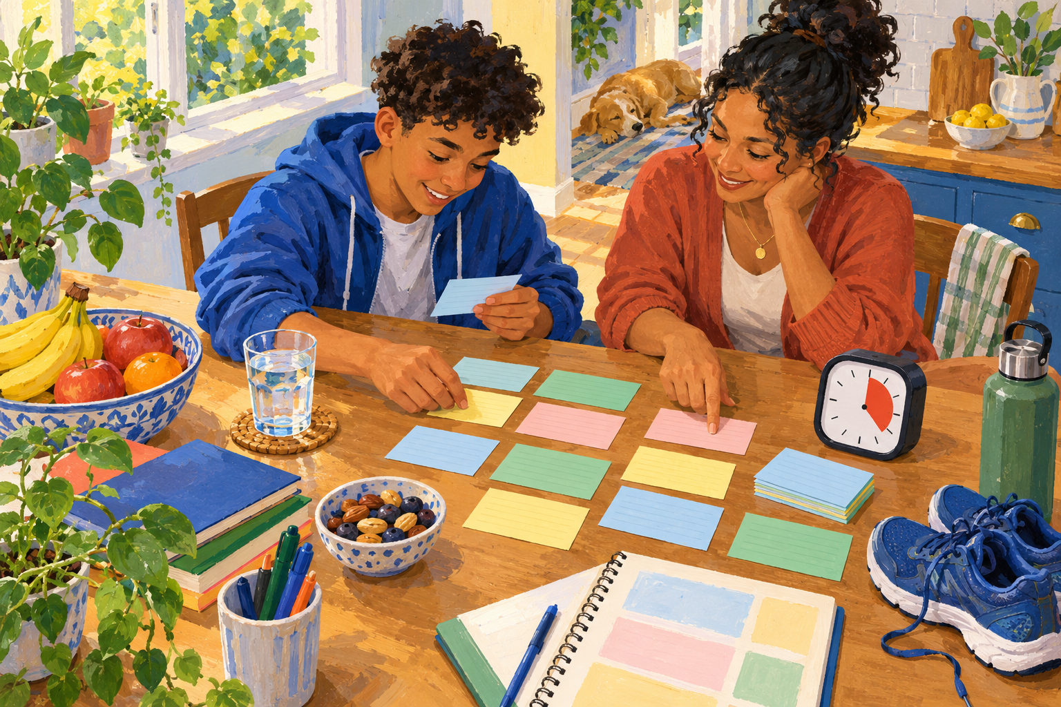 A teenager and caregiver making a manageable revision plan at a desk