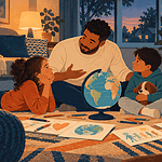 A family talking calmly together after turning off a news screen