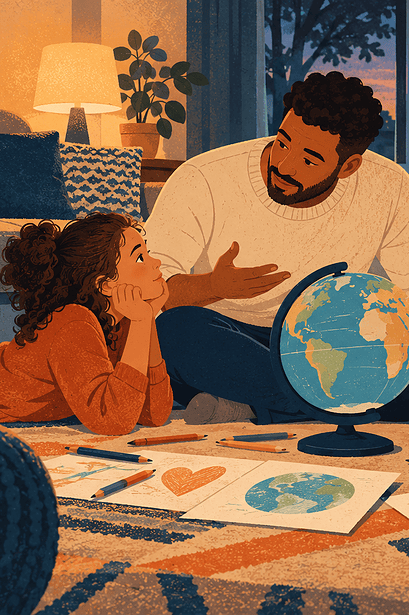 A family talking calmly together after turning off a news screen