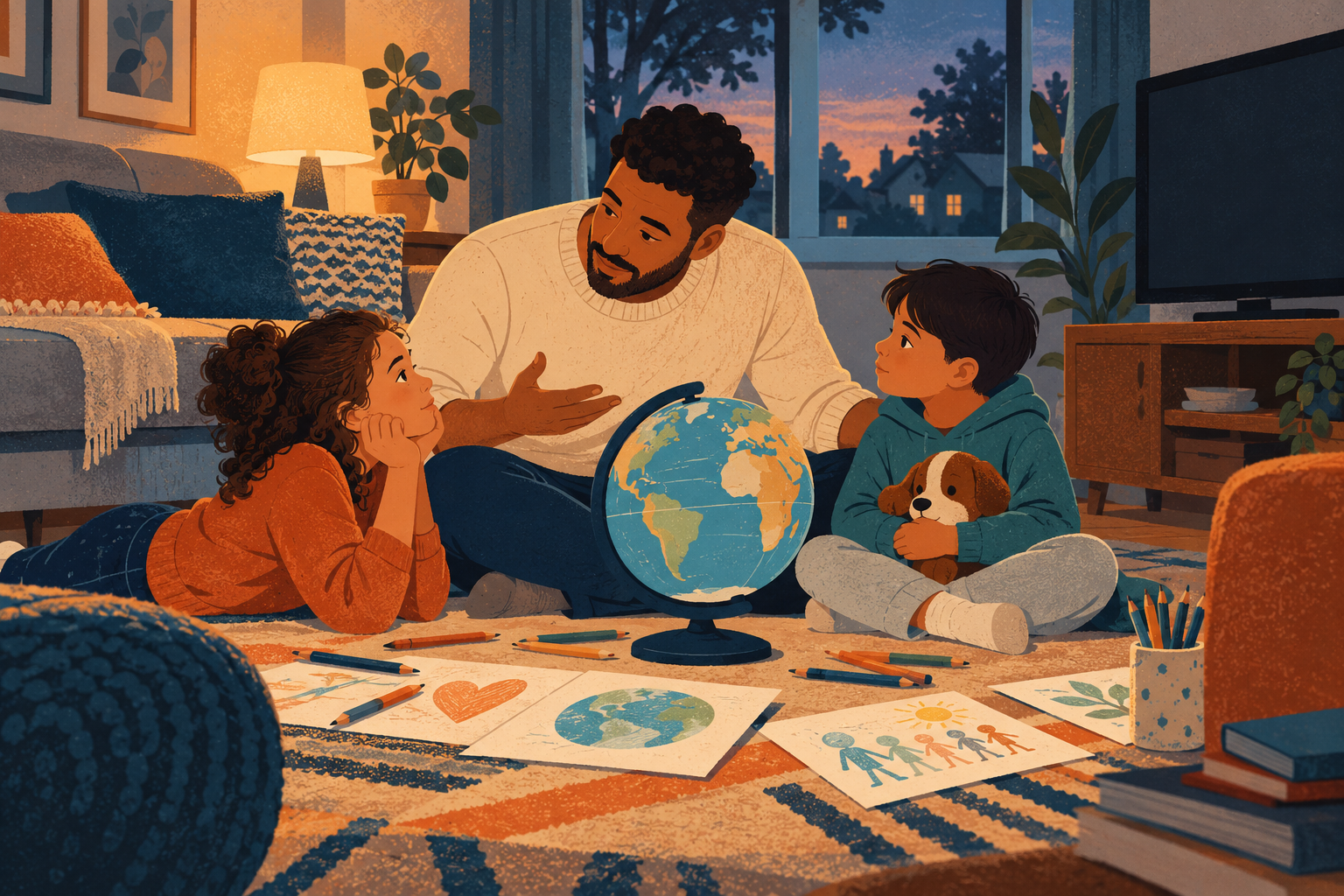 A family talking calmly together after turning off a news screen