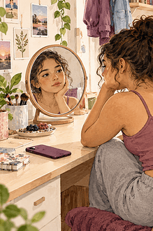 A caregiver and teenager reviewing a social media feed together with a supportive expression