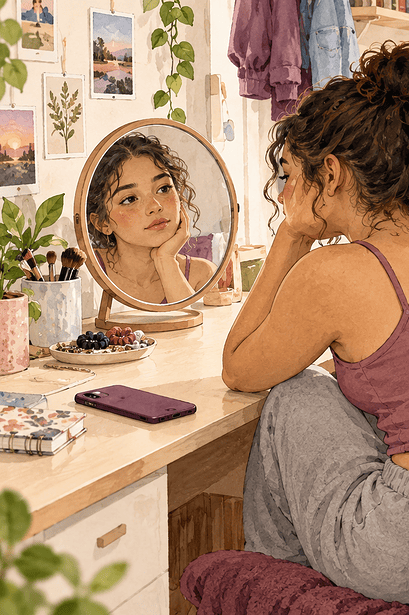 A caregiver and teenager reviewing a social media feed together with a supportive expression