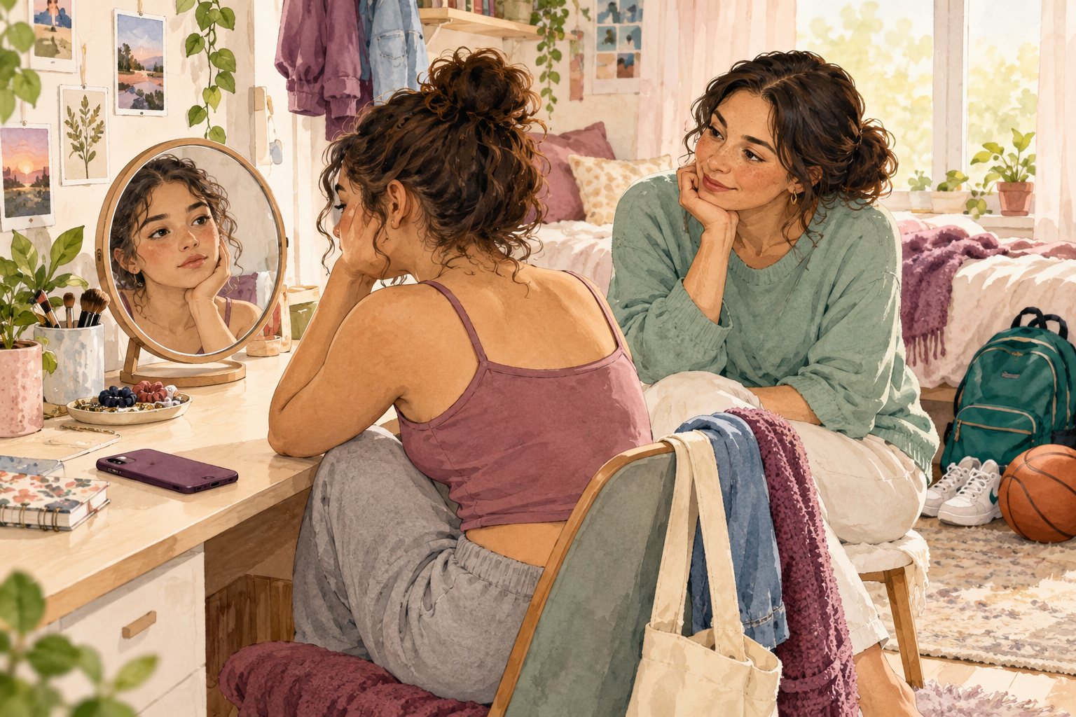 A caregiver and teenager reviewing a social media feed together with a supportive expression