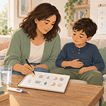 A mother recording simple observations while her school-age son rests a hand on his abdomen