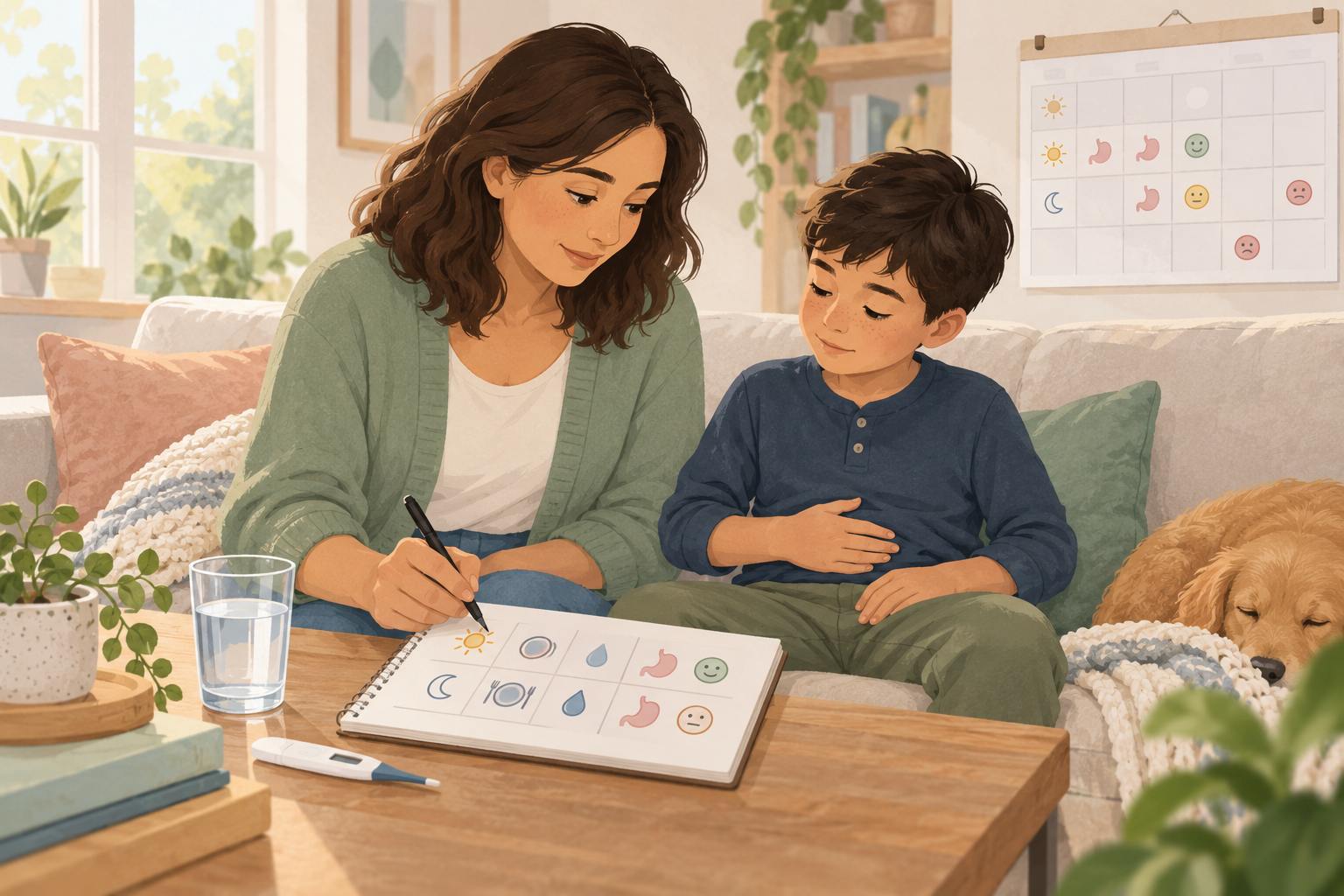 A mother recording simple observations while her school-age son rests a hand on his abdomen
