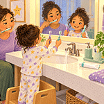 A wheelchair-using parent demonstrating toothbrushing while a preschool child chooses a toothbrush at the sink